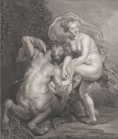 Deianeira tar emot den förgiftade tunikan från Nessus och den skadade kentauren faller till..., 1778. av Christian Gottfried Schulze