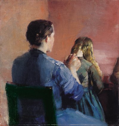 En mamma som kammar sin lilla dotters hår av Christian Krohg