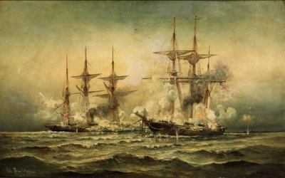 Kearsarge och Alabama utanför Cherbourgs hamn i Frankrike, 19 juni 1864, ca 1870 av Christian Poulsen