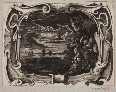 Emblem med satyrer samlade vid ett träd på natten av Christian Rothgiesser