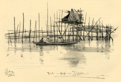 Hus på pålar och fiskare i Singapores hamn, 1898. av Christian Wilhelm Allers