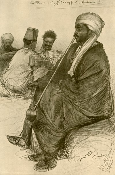 Man röker en vattenpipa ombord på "Hatasoo"-ångbåten, Egypten, 1898. av Christian Wilhelm Allers
