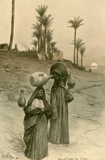 Kvinnor som bär vattenkrukor på Nilens strand, Kairo, Egypten, 1898. av Christian Wilhelm Allers