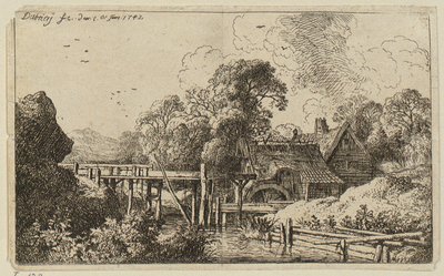 En kvarn med en hög vattenränna av Christian Wilhelm Ernst Dietrich