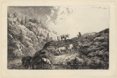 En djurhjord vid floden [Oxar drivna till vattenstället] av Christian Wilhelm Ernst Dietrich