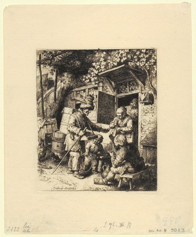 Halvfigur av en sittande man med fjäderprydd hatt och glasögon i vänster hand av Christian Wilhelm Ernst Dietrich