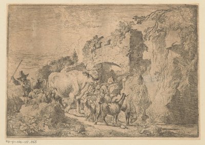 Herde med flock vid en ruin av Christian Wilhelm Ernst Dietrich