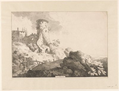 Kuperat landskap med torn av Christian Wilhelm Ernst Dietrich