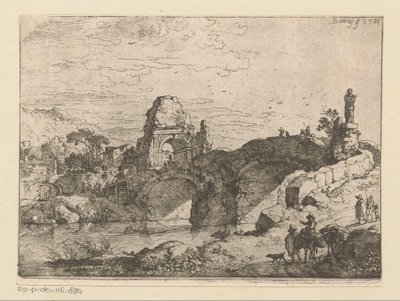 Landskap med ruinerna av en port intill en förfallen bro av Christian Wilhelm Ernst Dietrich