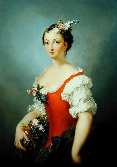 Porträtt av en dam som håller blommor (olja på panel) av Christian Wilhelm Ernst Dietrich
