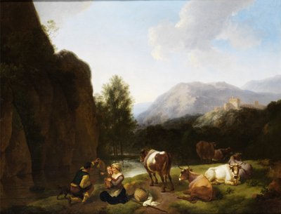 Vilande familj bredvid kor vid en flod av Christian Wilhelm Ernst Dietrich