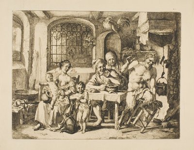 Satyr i ett bondehus, i stil med Jordaens av Christian Wilhelm Ernst Dietrich