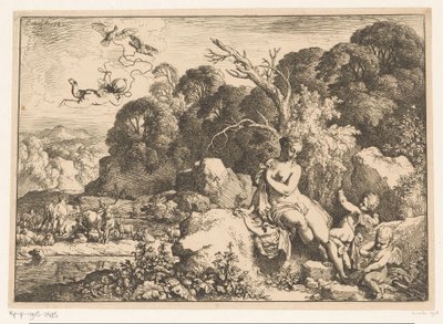 Venus sitter på en sten, ackompanjerad av tre putti av Christian Wilhelm Ernst Dietrich