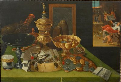 Allegory of Worldly Riches med scenen för den rike mannens död, ca. 1600. av Christian van den Perre