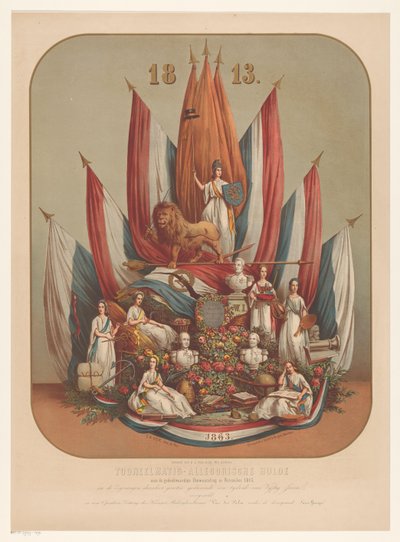 Allegorisk representation av den betydelsefulla revolutionen i november 1813 Teater-allegorisk hyllning till den minnesvärda revolutionen i november 1813 (...) (titel på objekt) av Christianus Hendricus Hein