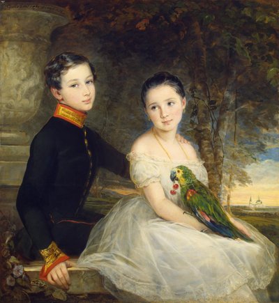 Barn med papegoja par Robertson, Christina (1796-1854) av Christina Robertson
