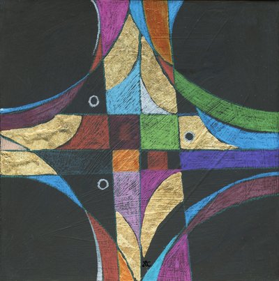 Sign Of The Cross, ca 2013 (akryl och färgpenna med bladguld på panel) av Christina Saj