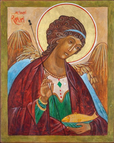 Ärkeängeln Raphael Icon, 2000 (äggtempera, trä, bladguld) av Christine Hales