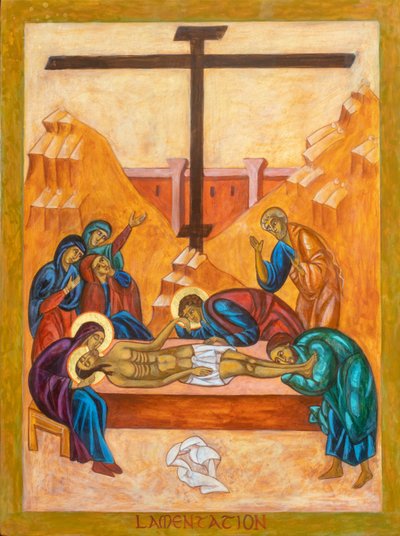 The Lamentation Icon, 2022 (äggtempera, bladguld, trä) av Christine Hales