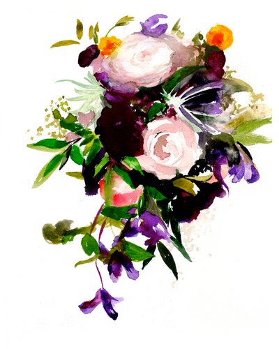 En livfull bukett i akvarellstil med blommor av Christine Lindstrom