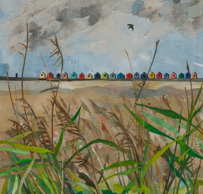 Beach Huts, 2023 (akvarellmålat papperscollage) av Christine McKechnie