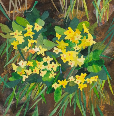 Southolt Primroses, 2025 (akvarellmålat papperscollage) av Christine McKechnie