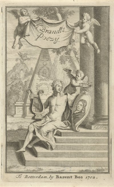 Apollo med porträtt av Caspar Brandt Titelsida för: K. Brandt, Poëzy, 1705 av Christoffel Lubienitzki