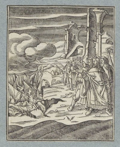 Kora, Datan och Abiram och deras familjer är uppslukade av jorden av Christoffel van Sichem (II)