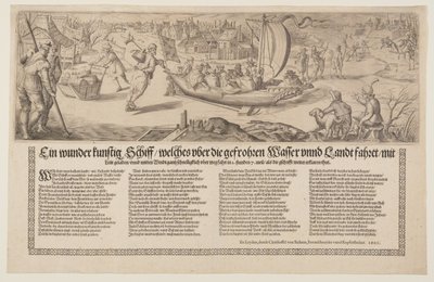 Bredsida med en pråm som seglar på is av Christoffel van Sichem I