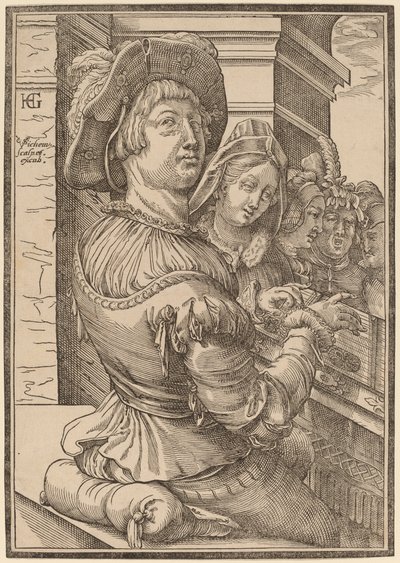 En ung man spelar ett psalterium av Christoffel van Sichem I after Hendrik Goltzius