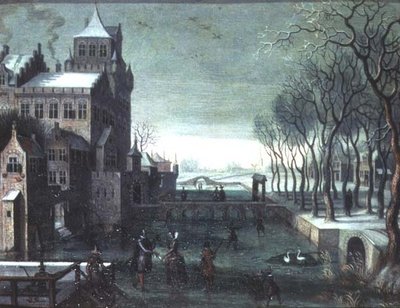 Vinterlandskap med figurer som åker skridskor vid ett vallonerat slott av Christoffel van den (circle of) Berghe