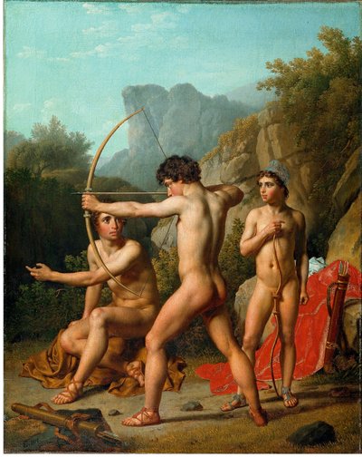 Tre spartanska pojkar tränar bågskytte av Christoffer Wilhelm Eckersberg