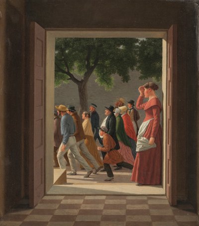 Blick durch eine Tür auf laufende Figuren von Christoffer-Wilhelm Eckersberg