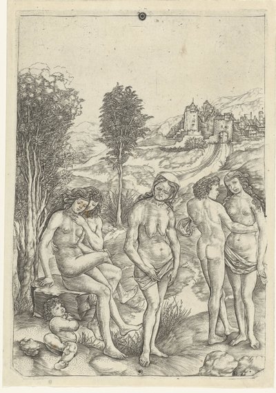 Gammal kvinna och två förälskade par i landskap Allegory of Envy av Christoforo di Michele Robetta