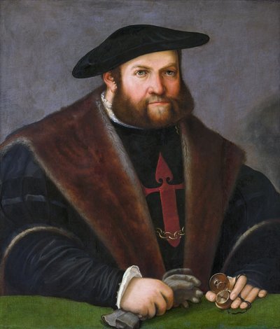 Tyska: Porträtt av Ulrich Ehinger (1485-1537) (Porträtt av en riddare av Santiago) Ulrich Ehinger som riddare av Santiagoordern av Christoph Amberger