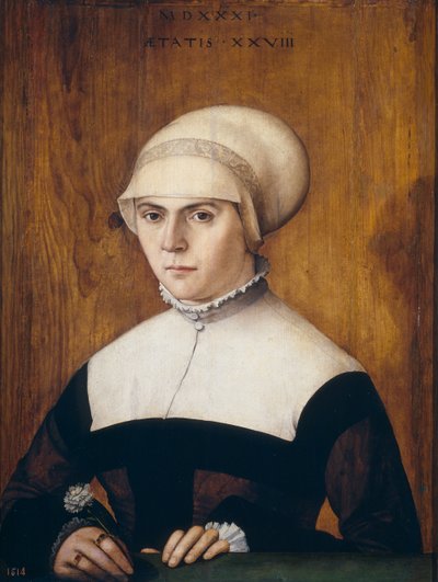 Porträtt av pausen, 28 år gammal, av Joerg Zuber, orfevre d’Augsbourg - The wife of Joerg Zoerer, vid en ålder av 28 av Amberger, Christoph (ca 1505-1562) av Christoph Amberger