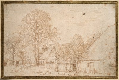 Halmtak byggnader, nästan kala träd och en flock gäss (penna och bläck på papper) av Kosma Sergejewitsch Petrow Wodkin
