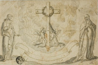 Jungfru Maria och Johannes evangelisten betraktar en korsvision som hålls av två änglar av Christoph Schwarz