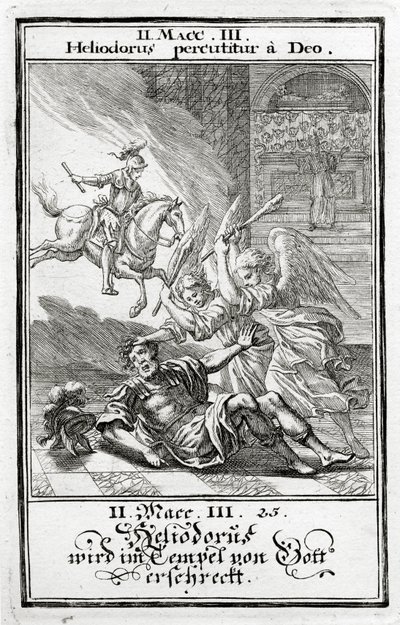 Gud skrämmer Heliodorus i ett tempel, 2 Maccabees (3:21-28), 1695 av Christoph Weigel