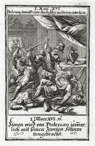 Simon och hans två söner dödas av Ptolemaios.1 Makkabeerbrevet 14:16, 1695 av Christoph Weigel