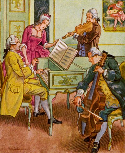 Musikunderhållning / Musikunderhållning (färglitografi) av Christophe (1856-1945)