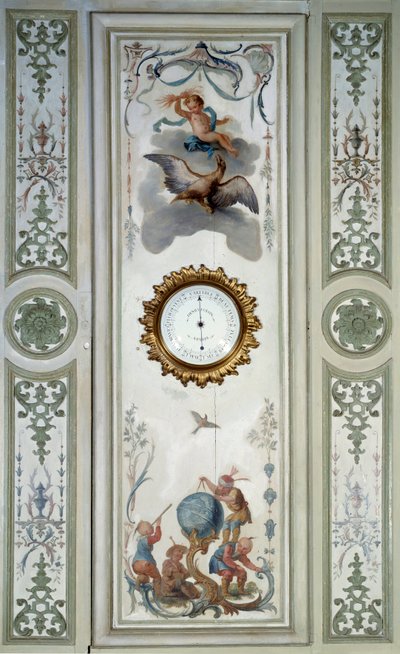 Panel av det stora vardagsrummet på Chateau de Champs sur Marne med barometer och kinoserie. Väggdekor målad av Christophe Huet (1700-1759) av Christophe Huet