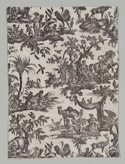 Fragment av koppartryckt bomull med Les quatres parties du monde Design, 1788. av Christophe Philippe Oberkampf