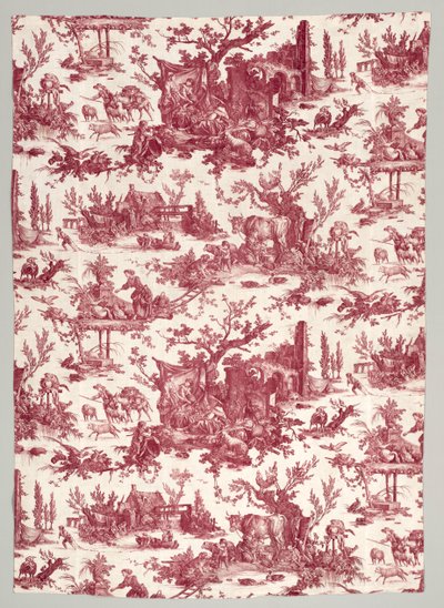 Remsa av koppartryckt bomull med Les plaisirs de la ferme-design, 1785-1790. av Christophe Philippe Oberkampf