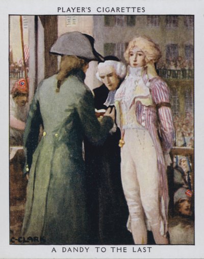 A Dandy to the Last, som Simson, bödeln, frågar om han får ta bort aristokratens cravat (färg litho) av Christopher (after) Clark