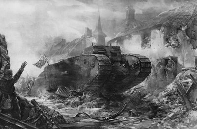 Den första användningen av bepansrade landskepp i kriget, "tankarna" på västfronten (litho) av Christopher (after) Clark