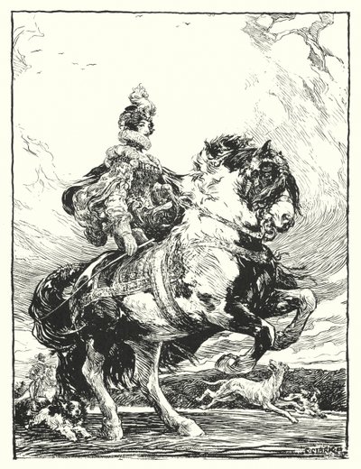 Kvinna i Tudordräkt som jagar till häst (litho) av Christopher (after) Clark