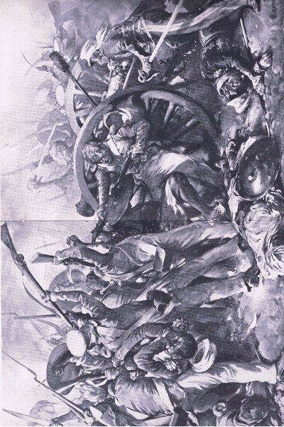 Slaget vid Meanee, 17 februari 1843: The fight at the guns, illustration från British Battles on Land and Sea, 1915 av Christopher Clark