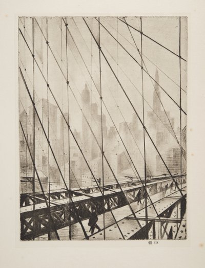 Looking Through Brooklyn Bridge, pub.1921 (etsning) av Christopher Richard Wynne Nevinson