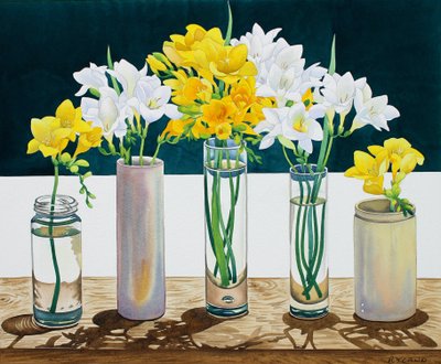 Still Life Freesias (akvarell på papper) av Christopher Ryland